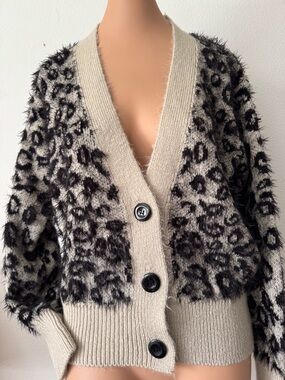 Beige and Black Leopard Fuzzy Button-Front Cardigan